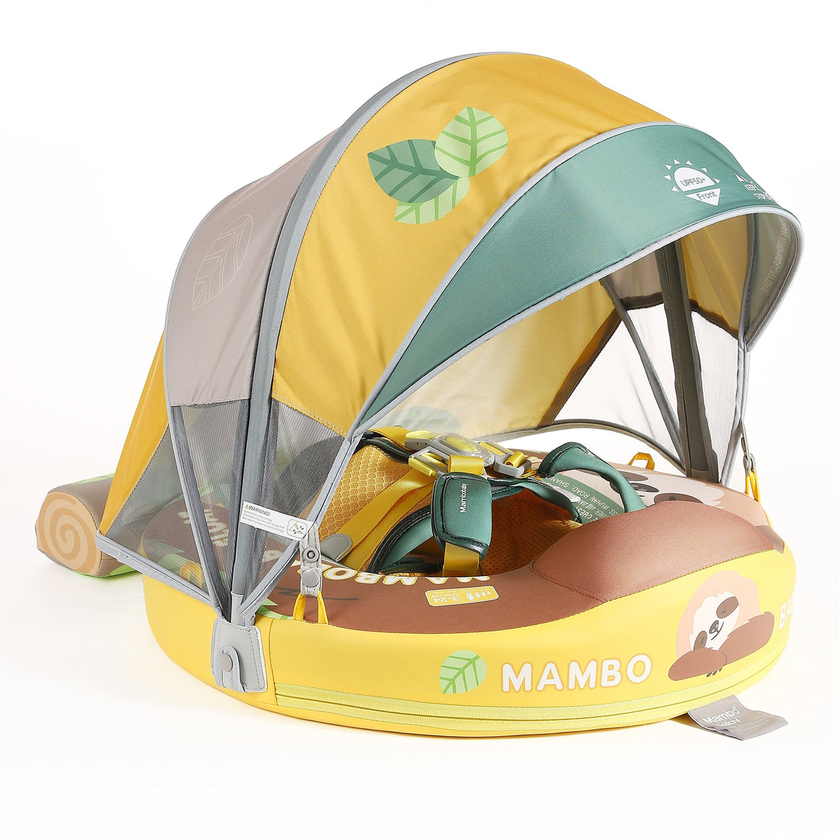 "Hoofdafbeelding van de Mambobaby Luiaard Zwemband (Onzinkbaar) met Verstelbare Zonnekap, ideaal voor baby's en peuters van 3 tot 24 maanden."