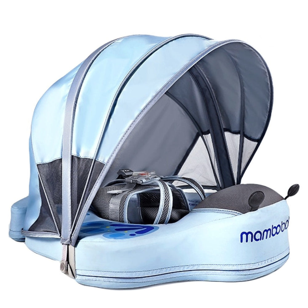 Hoofdafbeelding van de blauwe Mambobaby Vlinder Float. De veilige, onzinkbare baby zwemband met zonnekap.