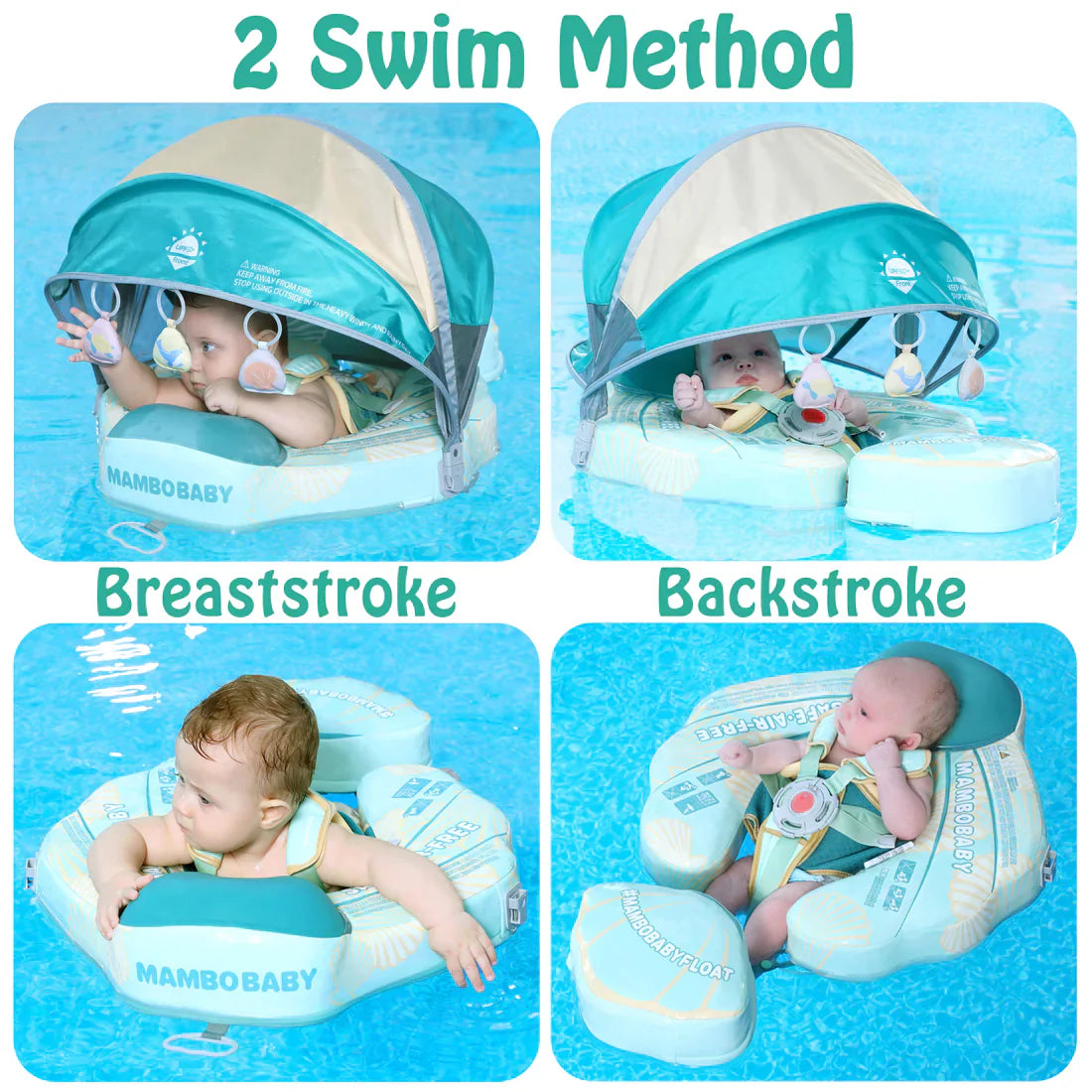 Illustratie van de twee ondersteunde zwemposities: Borstcrawlmodus en Rugslagmodus met de Mambobaby Zwemtrainer Float.