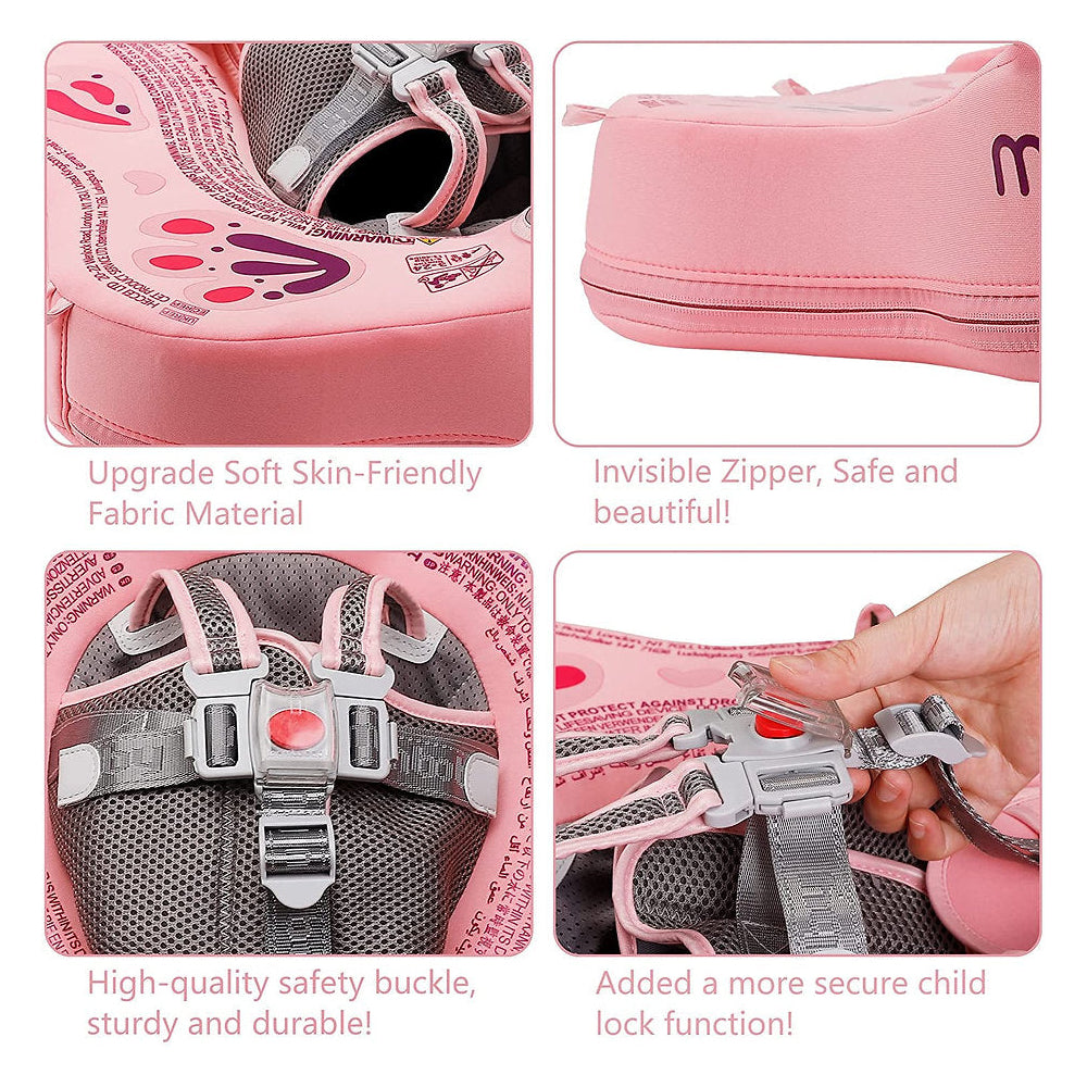 Detail van het 5-punten veiligheidsharnas. De verstelbare banden zorgen voor maximale stabiliteit en veiligheid in de Mambobaby float.