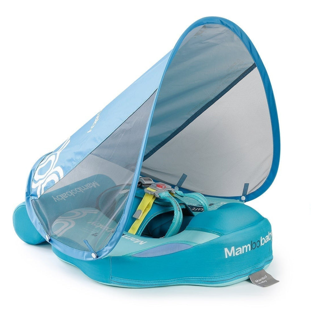 De Mambobaby™ Contrast Zwemtrainer voor baby's van 3-24 maanden. Luxe onzinkbare baby float met een modern zwart-wit design, inclusief afneembare UPF 50+ zonnekap en stabiel 5-punts veiligheidsharnas.