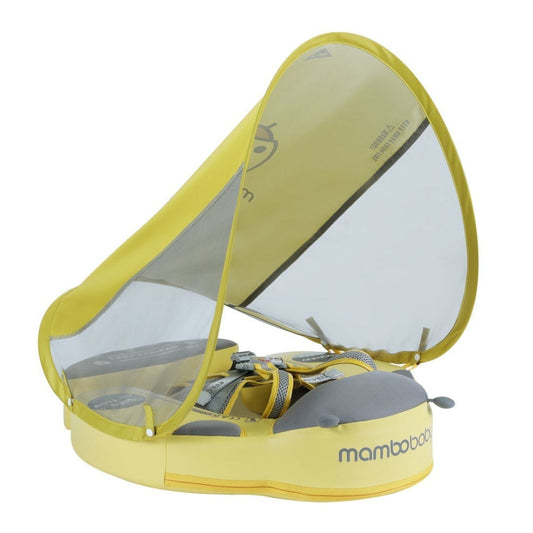 De vrolijke gele Mambobaby™ Eend baby float (3-24 maanden). Een onzinkbare zwemtrainer met gepatenteerde Pearl-Foam™ kern, UPF 50+ zonnekap en een anti-kantel ontwerp voor maximale veiligheid.