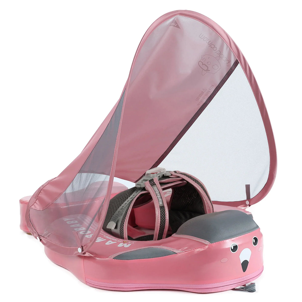 Zijaanzicht van de Roze Flamingo Mambobaby Float met de UPF 50+ Zonnekap in het water.