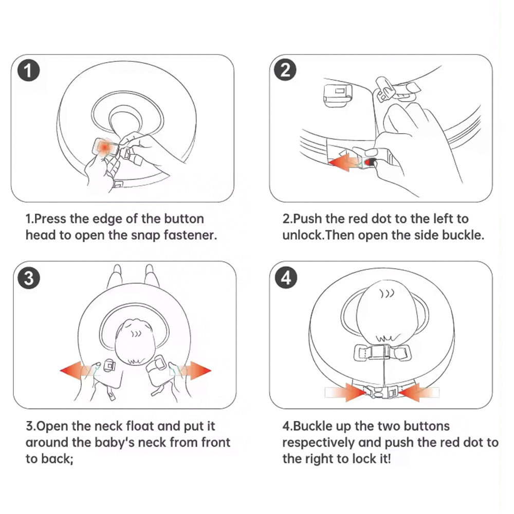 Visuele instructies voor het veilig openen en sluiten van de Mambobaby™ Donut nek zwemband. De dubbele veiligheidsgesp vereist een bewuste handeling van een volwassene, wat onbedoeld losraken voorkomt.