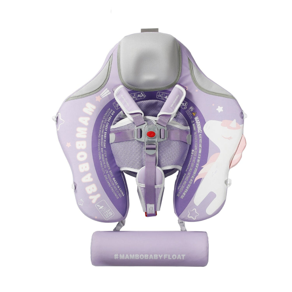 De paarse Mambobaby™ Eenhoorn Zwemtrainer met UPF 50+ zonnekap. Deze onzinkbare baby float is speciaal ontworpen voor baby's van 3-24 maanden voor veilige watergewenning.