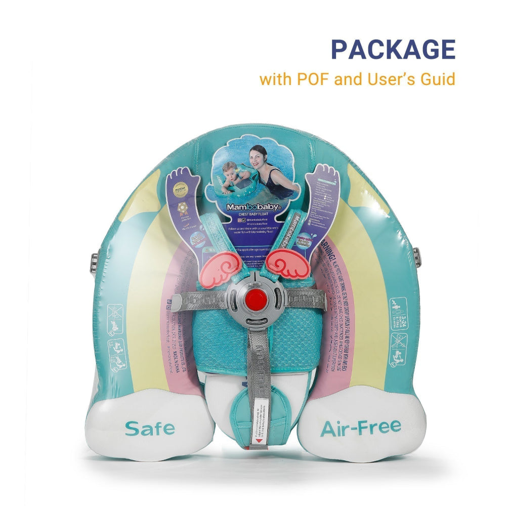 Volledige inhoud van het Mambobaby™ Regenboog Float pakket voor 3-24 maanden. Inclusief onzinkbare baby zwemband, afneembare UPF 50+ zonnekap en de gepatenteerde stabiliteitsstaart.