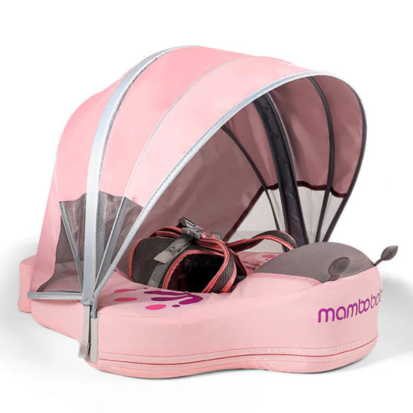 "Hoofdafbeelding van de Mambobaby Roze Vlinder Zwemband (Onzinkbaar) met Verstelbare Zonnekap, geschikt voor baby's van 3 tot 24 maanden."