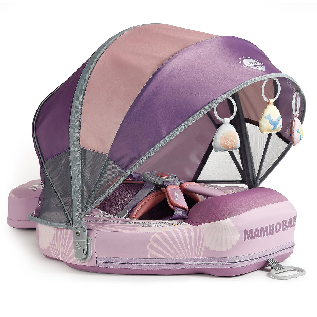 Mambobaby Schelp Float Paars - Onzinkbare paarse baby zwemband met afneembaar zonnescherm.
