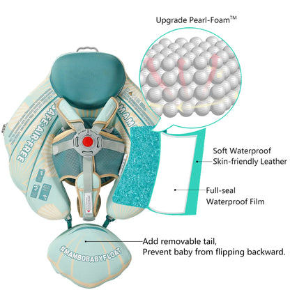 Detail van de 100% Onzinkbare en Luchtvrije Parel Foam kern in de Mambobaby Schelp Float, voor lekvrij drijfvermogen.